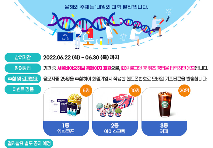 올해의 주제는 '내일의 과학 발전'입니다.참여기간:2022.06.22 (화) ~ 06.30 (목) 까지, 참여방법: 기간 중 서울바이오허브 홈페이지 회원으로, 회원 로그인 후 퀴즈 정답을 입력하면 응모됩니다., 추첨 및 결과발표: 응모자중 00명을 추첨하여 회원가입시 작성한 핸드폰번호로 모바일 기프티콘을 발송합니다. 