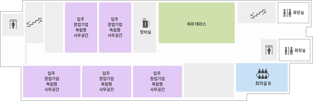 연구실험동 5F 도면 - 왼쪽 엘리베이터 기준으로 오른쪽에 순서대로 입주창업기업 독립형 사무공간, 입주 창업기업 독립형                 사무공간, 입주 창업기업 독립형 사무공간, 빈공간 회의실 B 앞에 엘리베이터 화장실 맞은편에 화장실, 계단 옆에 옥외 테라스, 탕비실, 입주 창업기업 독립형 사무공간2개 , 빈공간                 계단이 있다