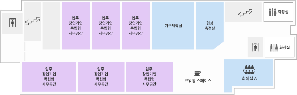 연구실험동 4F 도면 - 왼쪽 엘리베이터 기준으로 오른쪽에 순서대로 입주창업기업 독립형 사무공간, 입주 창업기업 독립형                 사무공간, 입주 창업기업 독립형 사무공간, 코워킹 스페이스 회의실 A, 엘리베이터, 화장실 맞은편에 화장실, 계단, 형상 측저실 기구 제작실, 입주 창업기업 득립형 사무공간3개,빈공간,                 계단이 있다
