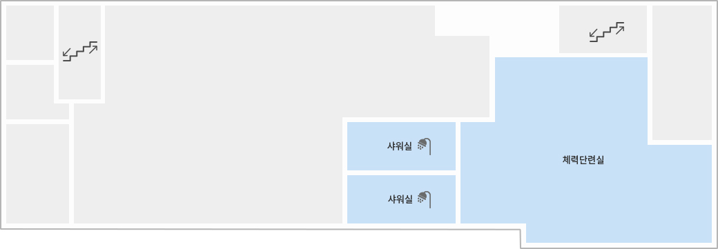 연구실험동 B1 도면 - 계단앞에 체력단련실 그리고 오른쪽에 샤워실 2개가 있다