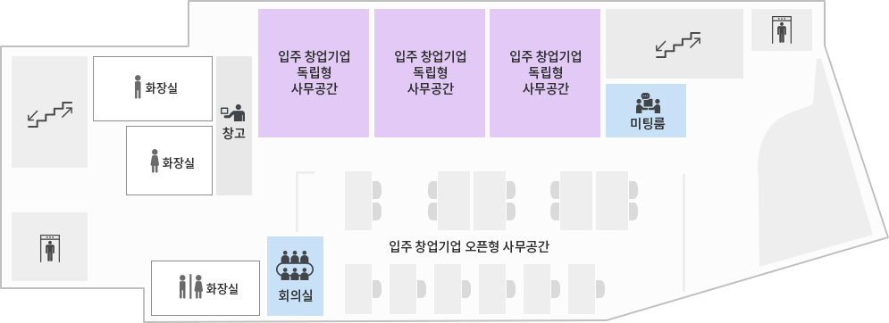 지역열린동 4F 도면 - 왼쪽 엘리베이터 기준으로 화장실, 회의실, 입주 창업기업 오픈형 사무공간, 빈공간 맞은편에 엘리베이터, 계단, 미팅룸, 입주 창업기업독립형 사무공간3개, 창고, 화장실 2개 계단이 있다