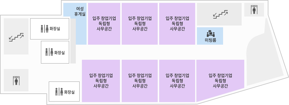 지역열린동 2F 도면 - 왼쪽 엘리베이터 기준으로 입주 창업기업 독립형 사무공간4개 옆에 빈공간 맞은편에 엘리베이터, 계단,                 미팅룸, 입주 창업기업 독립현 사무공간3개, 여성 휴게실, 화장실 2개, 계단이 있다