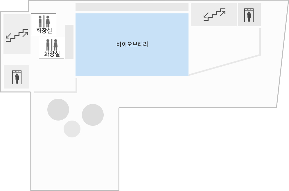 지역열린동 1F 도면 - 왼쪽 엘리베이터 기준으로 맞은편에 계단, 화장실 2개, 바이오브러리, 계단, 엘리베이터가 있다