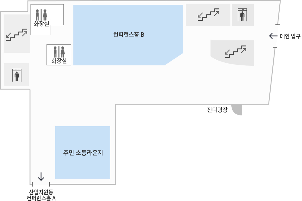 지역열린동 B1 도면 - 메인입구를 기준으로 엘리베이터 ,계단, 컨퍼런스홀 B, 화장실2개, 계단, 엘리베이터, 산업지원동                 컨퍼런스홀A, 주민 소통라운지, 잔디광장이 있다