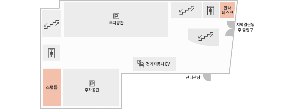 지역열린동 B2 도면 - 지역열린동주 출입구 기준으로 안내데스크, 엘리베이터, 계단, 주차공간, 계단, 엘리베이터, 스탭룸,                 주차공간, 전기자동차 EV, 잔디광장이 있다