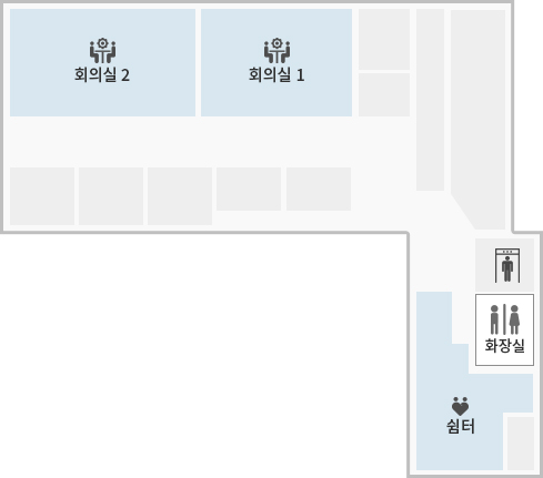 혁신커뮤니티 센터 B2 도면 – 회의실 1,2가 붙어있고 대각선으로 엘리베이터, 화장실, 쉼터가 있다.