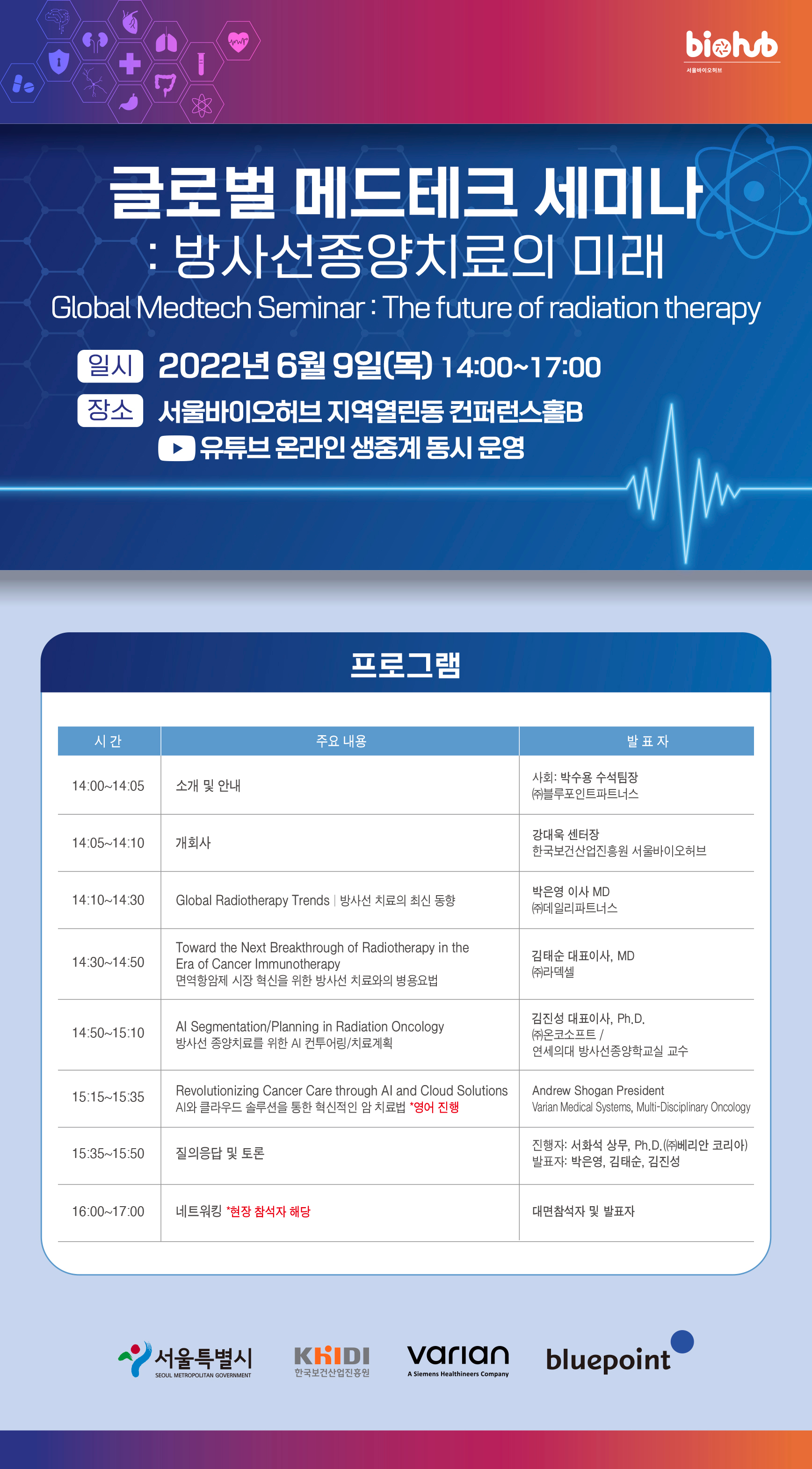  bi hub 서울바이오허브 글로벌 메드테크 세미나 : 방사선종양치료의 미래 Global Medtech Seminar: The future of radiation therapy 일시:2022년 6월 9일(목) 14:00~17:00 장소:서울바이오허브 지역열린동 컨퍼런스홀B 유튜브 온라인 생중계 동시 운영 프로그램- 시간:14:00~14:05 주요 내용: 소개 및 안내 사회: 박수용 수석팀장 (주)블루포인트파트너스 시간:14:05~14:10 주요 내용: 개회사 사회: 강대욱 센터장 한국보건산업진흥원 서울바이오허브 시간:14:10~14:30 주요 내용: Global Radiotherapy Trends 방사선 치료의 최신 동향 사회: 박은영 이사 MD (주)데일리파트너스 시간:14:30~14:50 주요 내용: Toward the Next Breakthrough of Radiotherapy in the Era of Cancer Immunotherapy 면역항암제 시장 혁신을 위한 방사선 치료와의 병용요법 사회: 김태순 대표이사, MD (주)라덱셀 시간:14:50~15:10 주요 내용: Al Segmentation/Planning in Radiation Oncology 방사선 종양치료를 위한 AI 컨투어링/치료계획 사회: 김진성 대표이사, Ph.D. (주)온코소프트/연세의대 방사선종양학교실 교수 시간:15:15~15:35 주요 내용: Revolutionizing Cancer Care through Al and Cloud SolutionsAI와 클라우드 솔루션을 통한 혁신적인 암 치료법 *영어 진행 사회: Andrew Shogan President Varian Medical Systems, Multi-Disciplinary Oncology 시간:15:35~15:50 주요 내용: 질의응답 및 토론 사회: 진행자: 서화석 상무, Ph.D.((주)베리안 코리아) 발표자: 박은영, 김태순, 김진성  시간:16:00~17:00 주요 내용: 네트워킹 *현장 참석자 해당 사회:대면참석자 및 발표자 서울특별시SEOUL METROPOLITAN GOVERNMENT,  KHID한국보건산업진흥원, varian A Siemens Healthineers Company,bluepoint 
