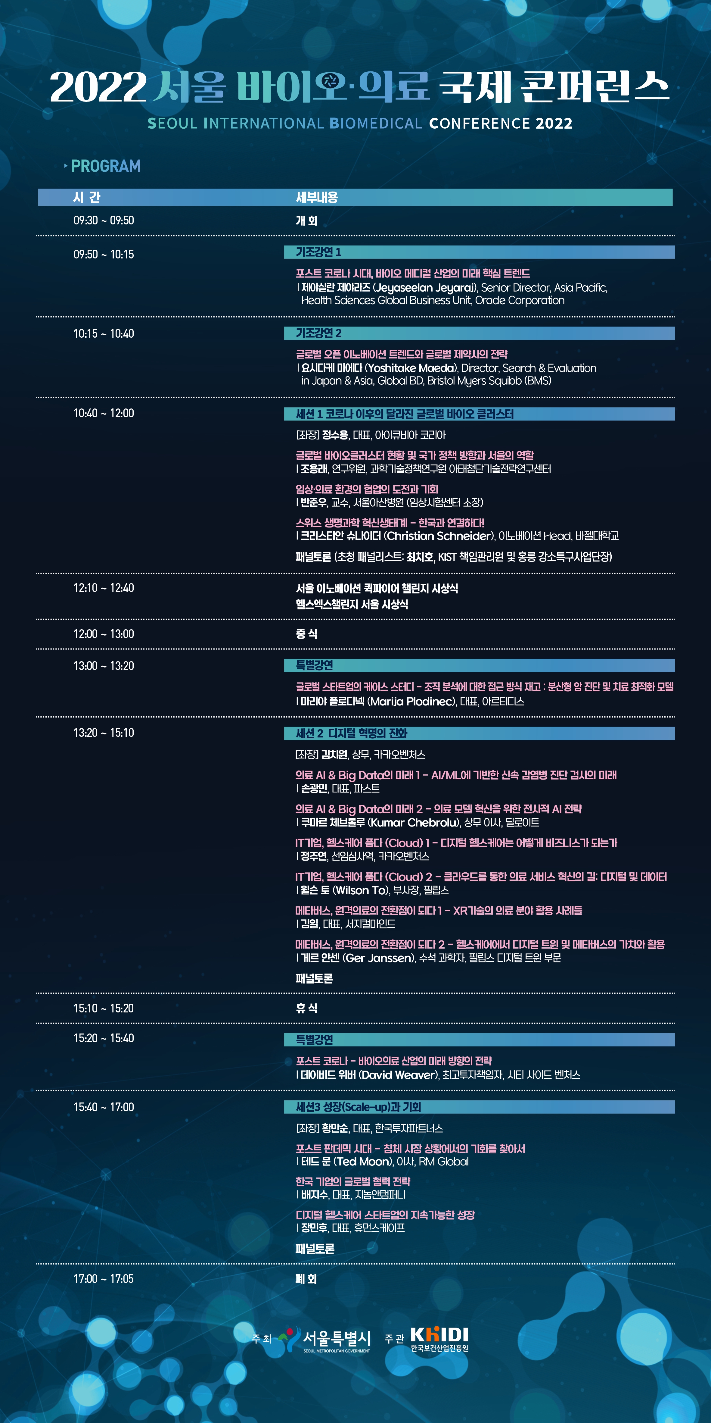  2022 서울 바이오·의료 국제 콘퍼런스 SEOUL INTERNATIONAL BIOMEDICAL CONFERENCE 2022 PROGRAM 시간] [09:30 ~ 09:50]-[개회] [09:50 ~ 10:15]-[기조강연 1: 포스트 코로나 시대, 바이오 메디컬 산업의 미래 핵심 트렌드 제야실란제야라즈(Jeyaseelan Jeyaraj), Senior Director, Asia Pacific, Health Sciences Global Business Unit, Oracle Corporation] [10:15 ~ 10:40]-[기조강연 2: 글로벌 오픈 이노베이션 트렌드와 글로벌 제약사의 전략 요시다케 마에다 (Yoshitake Maeda), Director, Search & Evaluation in Japan & Asia, Global BD, Bristol Myers Squibb (BMS)] [10:40 ~ 12:00]-[세션 1 코로나 이후의 달라진 글로벌 바이오 클러스터] [좌장] 정수용, 대표, 아이큐비아 코리아 글로벌 바이오클러스터 현황 및 국가 정책 방향과 서울의 역할 조용래, 연구위원, 과학기술정책연구원 아태첨단기술전략연구센터 임상의료 환경의 협업의 도전과 기회 반준우, 교수, 서울아산병원 (임상시험센터 소장) 스위스 생명과학 혁신생태계 - 한국과 연결하다! |크리스티안 슈나이더 (Christian Schneider), 이노베이션 Head, 바젤대학교 패널토론 (초청 패널리스트: 최치호, KIST 책임관리 및 홍릉 강소특구사업단장)] [12:10 ~ 12:40]-[서울 이노베이션 퀵파이어 챌린지 시상식 헬스엑스챌린지서울 시상식] [12:00 ~ 13:00]-[중식] [13:00 ~ 13:20]-[특별강연 글로벌 스타트업의 케이스 스터디 - 조직 분석에 대한 접근 방식 재고 : 분산형 암 진단 및 치료 최적화 모델 마리야 플로디넥 (Marija Plodinec), 대표, 아르티디스] [13:20 ~ 15:10]-[세션2 디지털 혁명의 진화] [좌장] 김치원, 상무, 카카오벤처스 의료 Al & Big Data의 미래 1-AI/ML에 기반한 신속 감염병 진단검사의 미래 손광민, 대표, 파스트 의료 Al & Big Data의 미래 2 - 의료 모델 혁신을 위한 전사적 AI 전략 쿠마르 체브롤루 (Kumar Chebrolu), 상무 이사, 딜로이트 IT기업, 헬스케어 품다 (Cloud) 1-디지털 헬스케어는 어떻게 비즈니스가 되는가 정주연, 선임심사역, 카카오벤처스 IT기업, 헬스케어 품다 (Cloud) 2 - 클라우드를 통한 의료서비스 혁신의 길: 디지털 및 데이터 | 윌슨 토 (Wilson To), 부사장, 필립스 메타버스,원격의료의 전환점이 되다1-XR기술의 의료 분야 활용 사례들 김일, 대표, 서지컬마인드 메타버스,원격의료의 전환점이 되다 2-헬스케어에서 디지털 트윈 및 메타버스의 가치와 활용 게르 얀센 (Ger Janssen), 수석 과학자, 필립스 디지털 트윈 부문 패널토론] [15:10 ~ 15:20]-[휴식] [15:20 ~ 15:40]-[특별강연 포스트 코로나 바이오의료 산업의 미래 방향의 전략 데이비드 위버 (David Weaver), 최고투자책임자, 시티 사이드 벤처스] [15:40 ~ 17:00]-[세션3 성장(Scale-up)과 기회] [좌장] 황만순, 대표, 한국투자파트너스 포스트 판데믹 시대 - 침체 시장상황에서의 기회를 찾아서 「테드 문 (Ted Moon), 이사, RM Global 한국 기업의 글로벌 협력 전략 배지수, 대표, 지놈앤컴퍼니 디지털 헬스케어 스타트업의 지속가능한 성장 장민후, 대표, 휴먼스케이프 패널토론] [17:00 ~ 17:05]-[폐회 주최 서울특별시 주관 KHIDI SEOUL METROPOLITAN GOVERNMENT 한국보건산업진흥원 