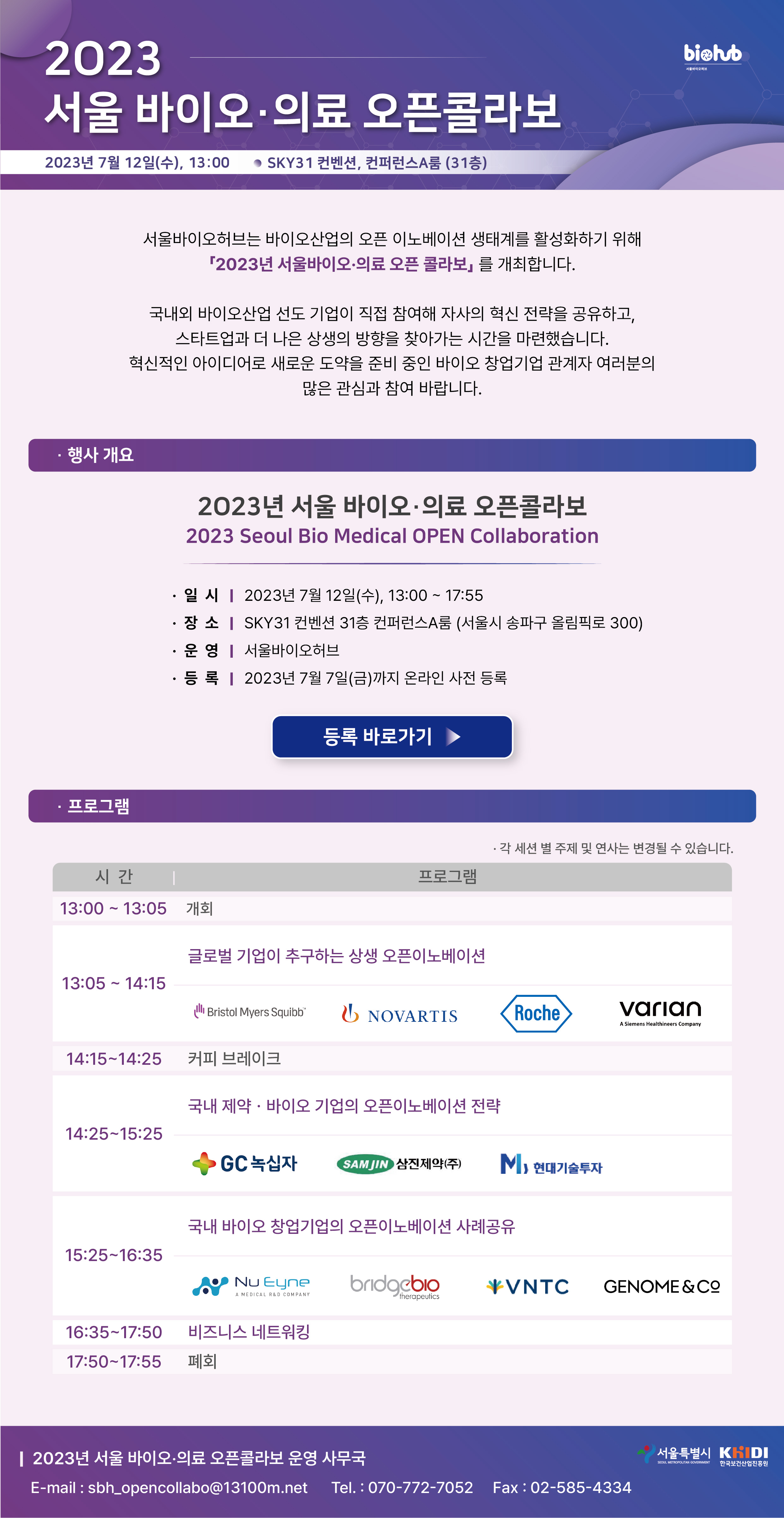 biohub 서울바이오허브 2023 서울 바이오·의료 오픈콜라보 2023년 7월 12일(수), 13:00 SKY31 컨벤션, 컨퍼런스A룸 (31층) 서울바이오허브는 바이오산업의 오픈 이노베이션 생태계를 활성화하기 위해 「2023년 서울바이오·의료 오픈 콜라보」를 개최합니다. 국내외 바이오산업 선도 기업이 직접 참여해 자사의 혁신 전략을 공유하고, 스타트업과 더 나은 상생의 방향을 찾아가는 시간을 마련했습니다. 혁신적인 아이디어로 새로운 도약을 준비 중인 바이오 창업기업 관계자 여러분의 많은 관심과 참여 바랍니다. •행사 개요 = 2023년 서울 바이오·의료 오픈콜라보 2023 Seoul Bio Medical OPEN Collaboration •일시 | = 2023년 7월 12일(수), 13:00 ~ 17:55 •장소 | = SKY31 컨벤션 31층 컨퍼런스A룸 (서울시 송파구 올림픽로 300) •운영 | = 서울바이오허브 •등록 | = 2023년 7월 7일(금)까지 온라인 사전 등록 등록 바로가기 •프로그램 •각 세션 별 주제 및 연사는 변경될 수 있습니다. 시간 프로그램 시간 = 13:00 ~ 13:05 프로그램 = 개회 시간 = 13:05 ~ 14:15 프로그램 = 글로벌 기업이 추구하는 상생 오픈이노베이션 Bristol Myers Squibb, NOVARTIS, Roche, varian A Siemens Healthineers Company 시간 = 14:15-14:25 프로그램 = 커피 브레이크 시간 = 14:25-15:25 프로그램 = 국내 제약·바이오 기업의 오픈이노베이션 전략 GC녹십자, SAMJIN 삼진제약(주) M,현대기술투자 시간 = 15:25-16:35 프로그램 = 국내 제약•바이오 창업기업의 오픈이노베이션 사례공유 Nu Eyne A MEDICAL R&D COMPANY, bridgebio therapeutics, VNTC, GENOME & CO 시간 = 16:35-17:50 프로그램 = 비즈니스 네트워킹 시간 = 17:50-17:55 프로그램 = 폐회 | 2023년 서울 바이오·의료 오픈콜라보 운영 사무국 E-mail : sbh_opencollabo@13100m.net Tel. : 070-772-7052 Fax:02-585-4334 서울특별시 SEOUL METROPOLITAN GOVERNMENT, KHIDI 한국보건산업진흥원